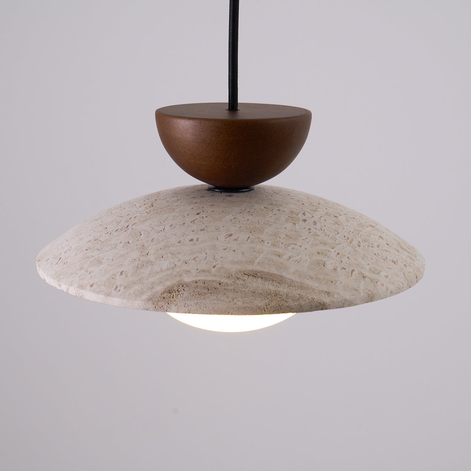 Travertine Stone Pendant Light with Wood Accent for Dining Room & Kitchen Island | Natural Glass Shade Hanging Ceiling Lamp | Thomler