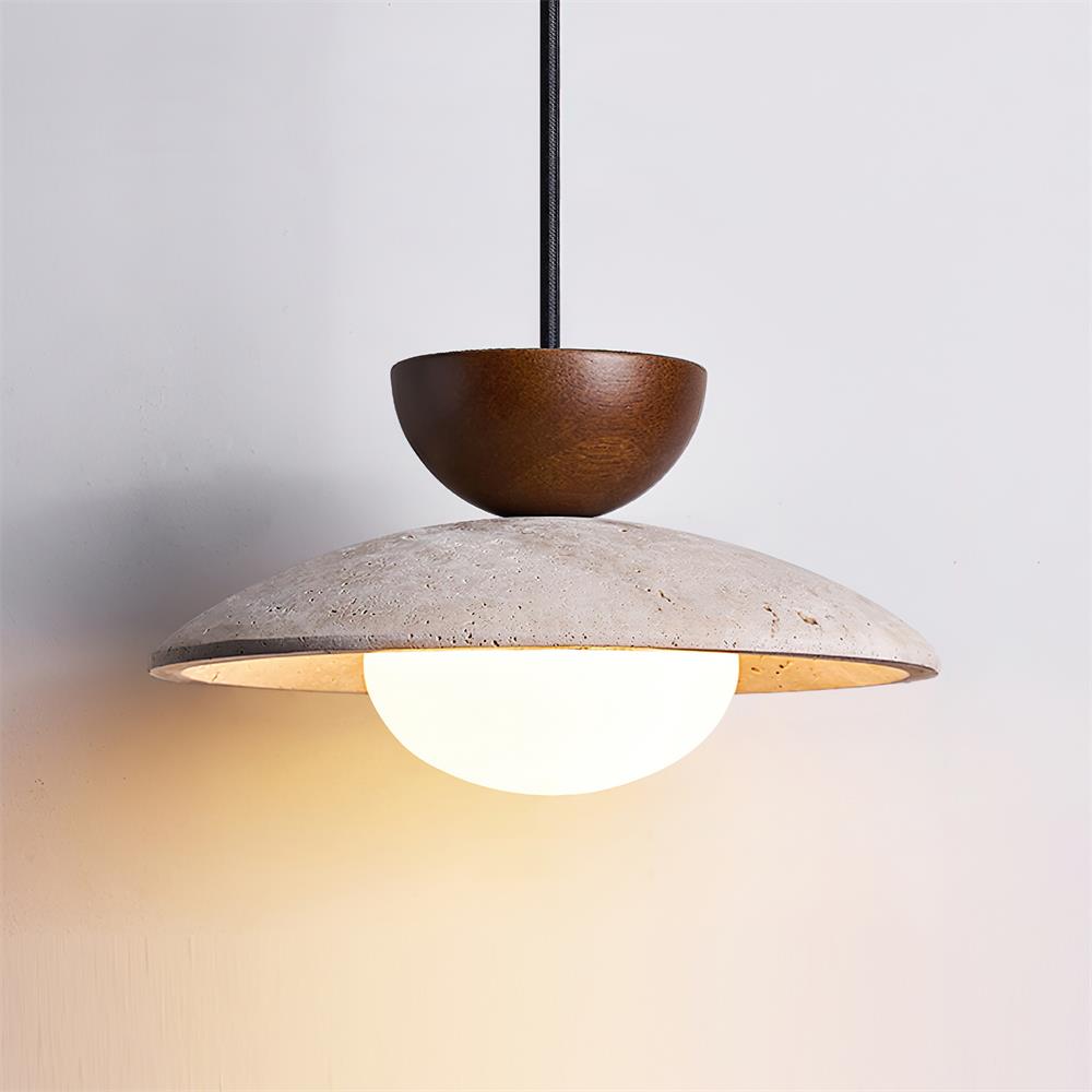 Travertine Stone Pendant Light with Wood Accent for Dining Room & Kitchen Island | Natural Glass Shade Hanging Ceiling Lamp | Thomler