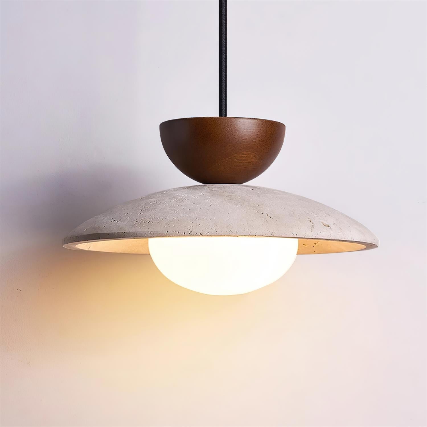 Travertine Stone Pendant Light with Wood Accent for Dining Room & Kitchen Island | Natural Glass Shade Hanging Ceiling Lamp | Thomler