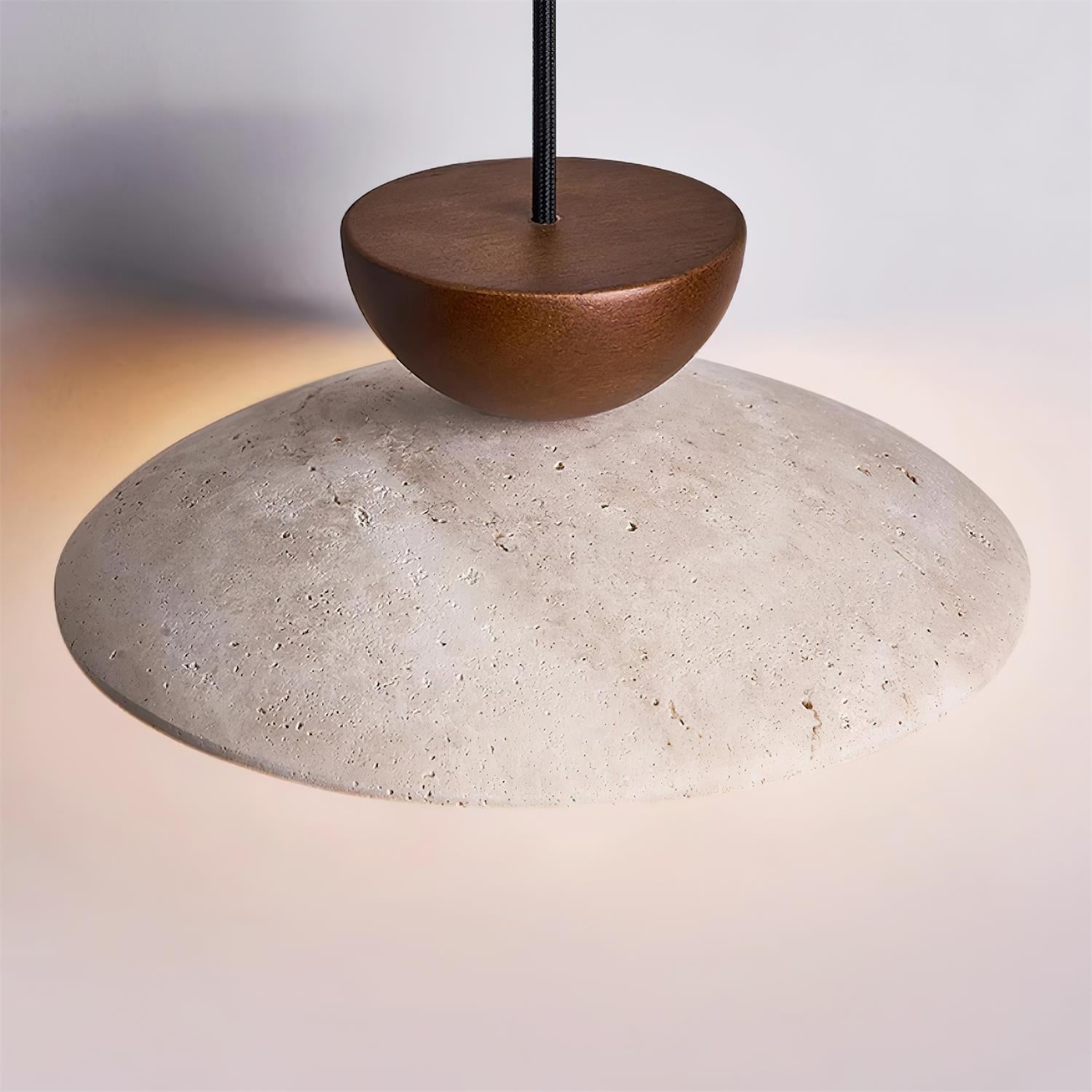 Travertine Stone Pendant Light with Wood Accent for Dining Room & Kitchen Island | Natural Glass Shade Hanging Ceiling Lamp | Thomler