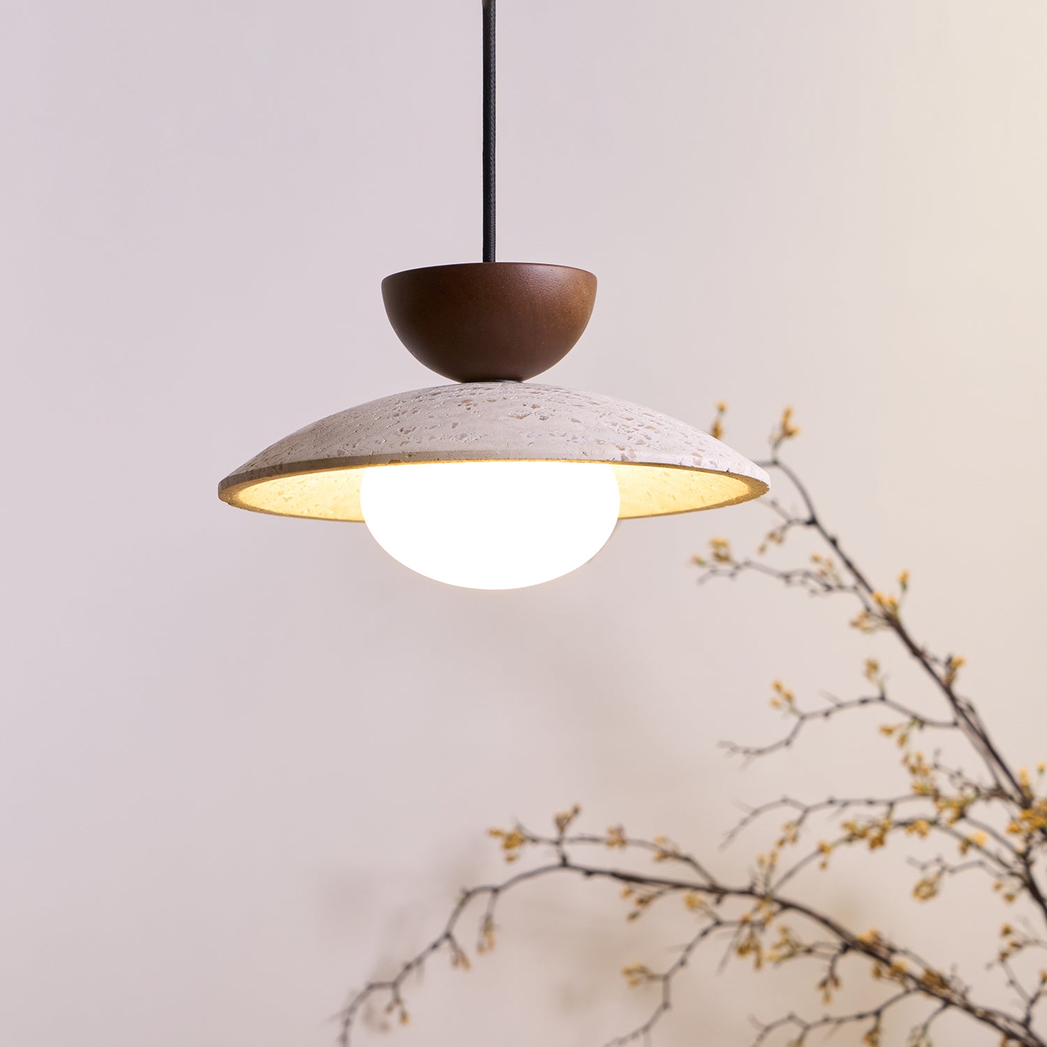 Travertine Stone Pendant Light with Wood Accent for Dining Room & Kitchen Island | Natural Glass Shade Hanging Ceiling Lamp | Thomler