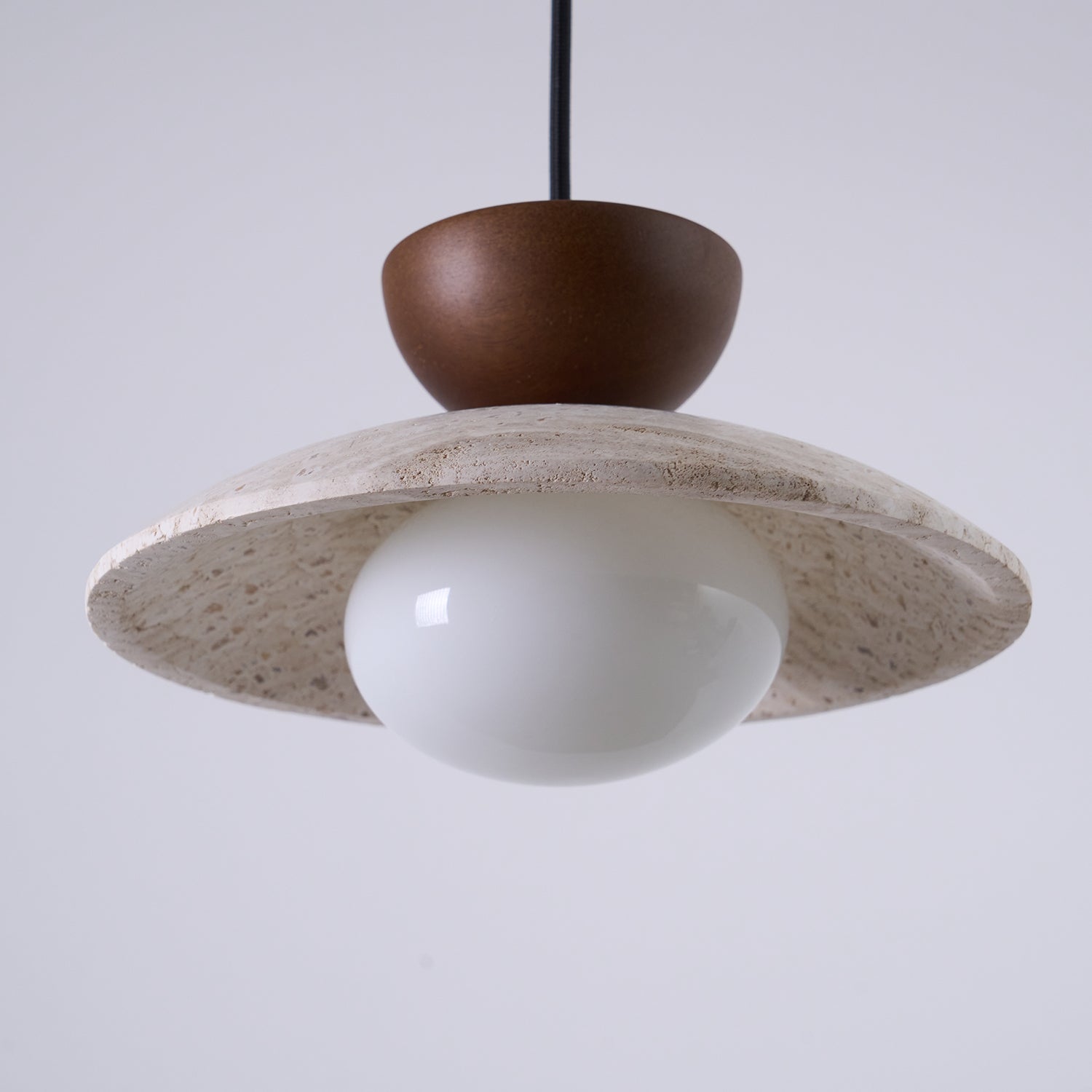Travertine Stone Pendant Light with Wood Accent for Dining Room & Kitchen Island | Natural Glass Shade Hanging Ceiling Lamp | Thomler