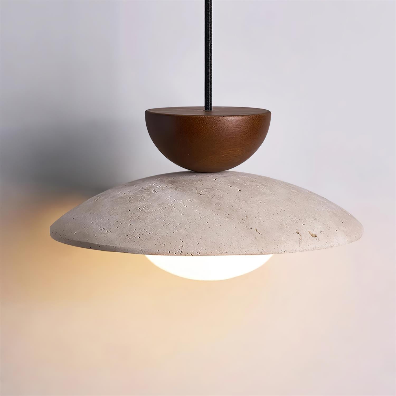 Travertine Stone Pendant Light with Wood Accent for Dining Room & Kitchen Island | Natural Glass Shade Hanging Ceiling Lamp | Thomler