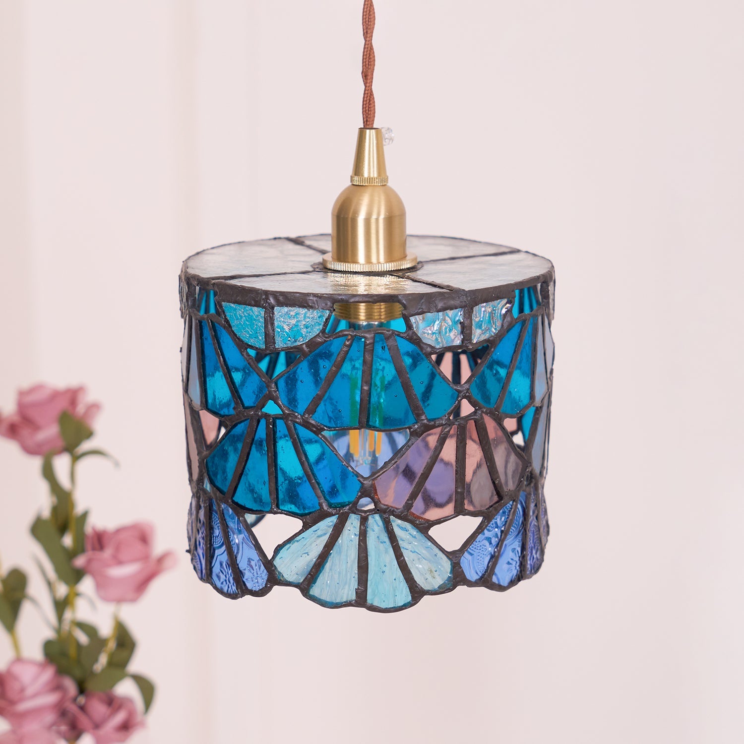 Pendant Light Glass 5.3 in Blue Pink Brass Stained Ceiling Lamp Vintage Home Dining Room Kitchen Lighting | Thomler