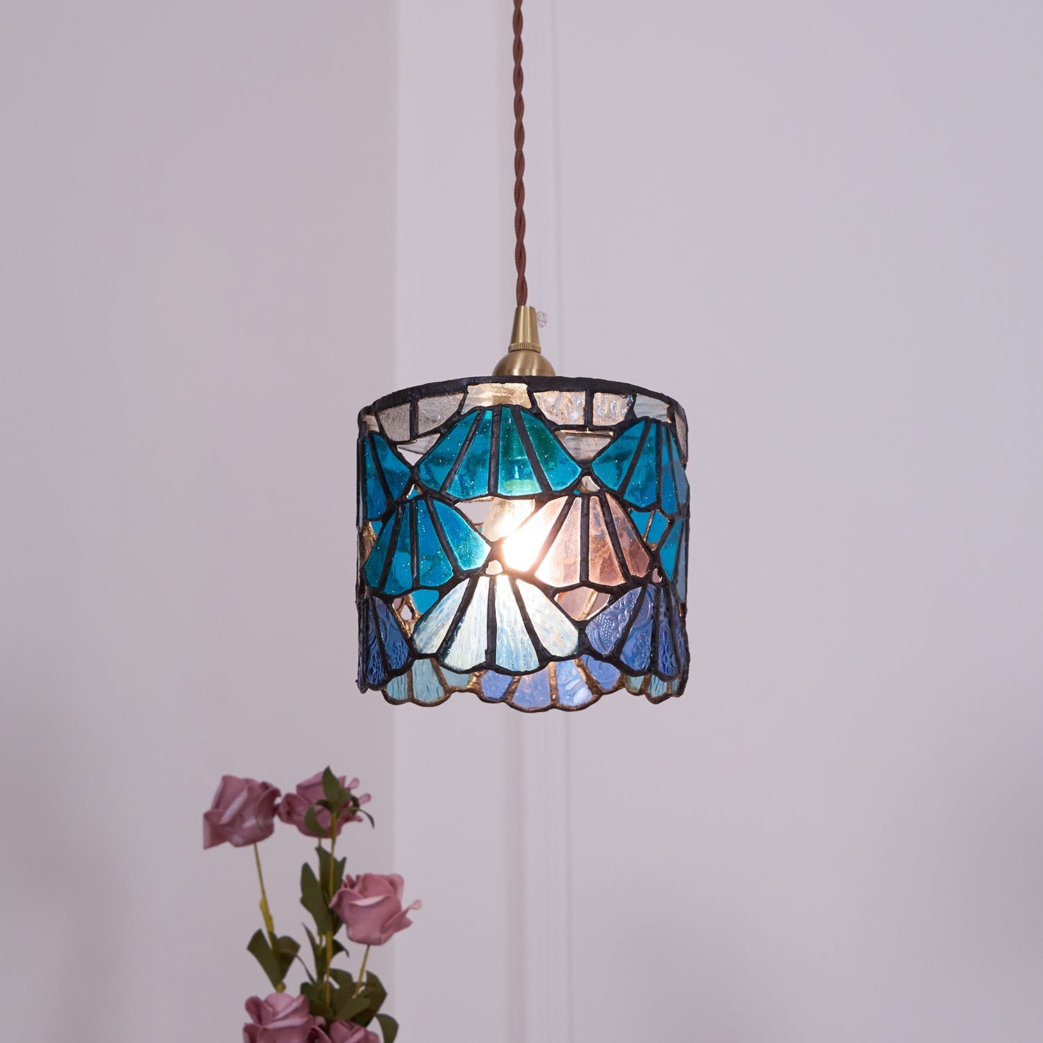 Pendant Light Glass 5.3 in Blue Pink Brass Stained Ceiling Lamp Vintage Home Dining Room Kitchen Lighting | Thomler