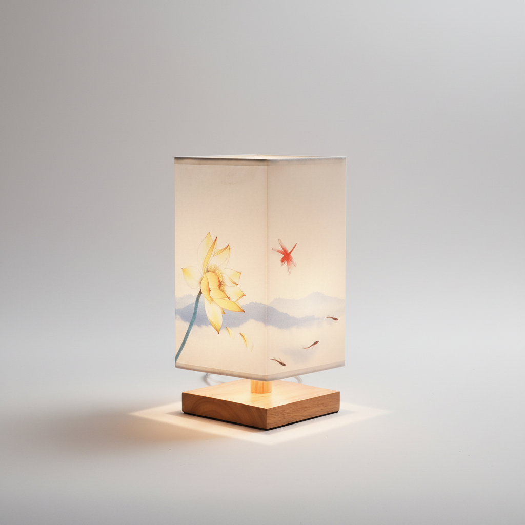 Table Lamp Wood Fabric Shade 27.9 cm Natural Bedroom Nightstand Japandi Scandinavian Mood Lighting Desk Lamp | Thomler