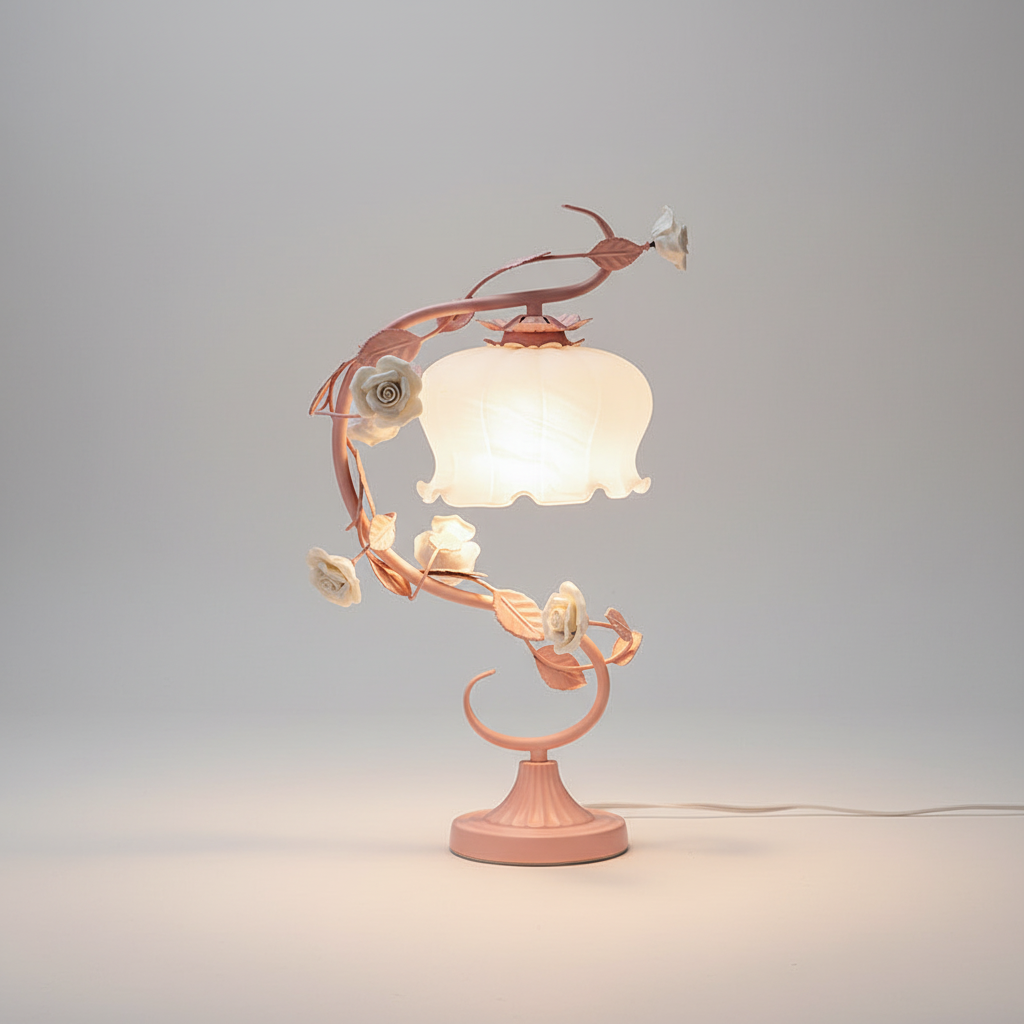 Table Lamp Metal Glass 23.0 cm Pink Bedroom Nightstand Floral Decorative Reading Light Shabby Chic Romantic Accent Lamp | Thomler