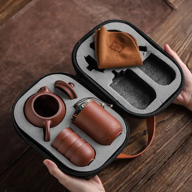 Tea Set Handmade Ceramic 160 ml 5.6 fl oz Portable Travel Case Camping Home Tea Ceremony Gift Set | Thomler