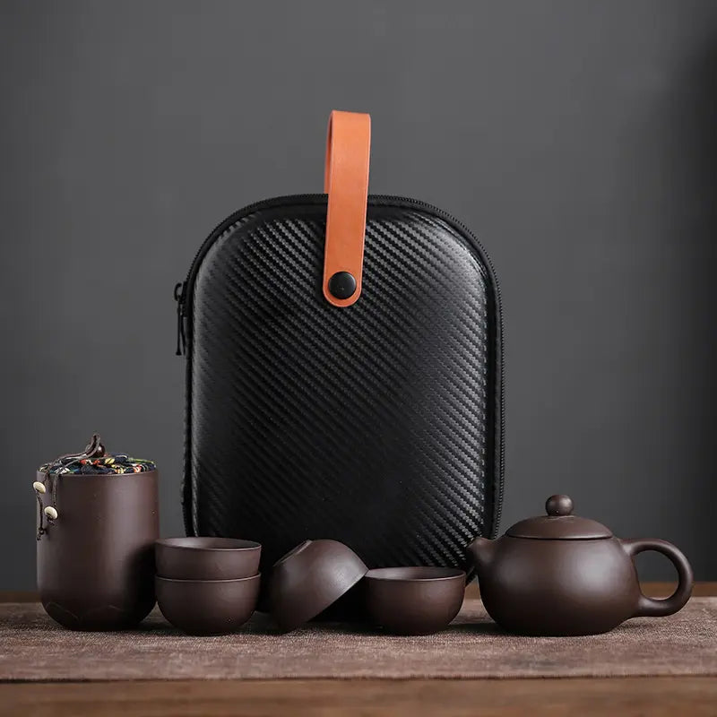 Tea Set Handmade Ceramic 160 ml 5.6 fl oz Portable Travel Case Camping Home Tea Ceremony Gift Set | Thomler