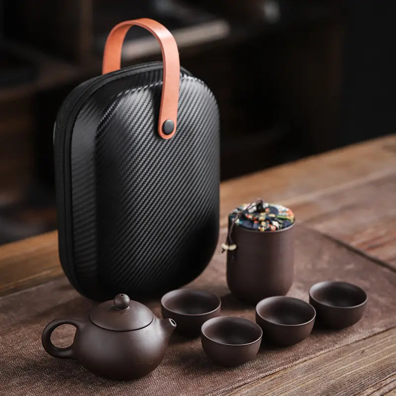 Tea Set Handmade Ceramic 160 ml 5.6 fl oz Portable Travel Case Camping Home Tea Ceremony Gift Set | Thomler
