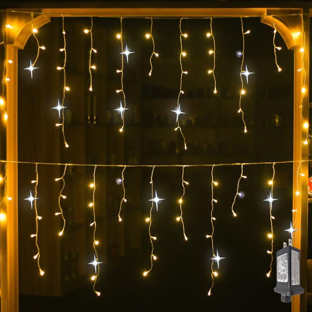 Warm White Icicle String Lights with Twinkling Effect for Indoor & Outdoor Christmas Holiday Decorations, Expandable LED Curtain Lights | Thomler