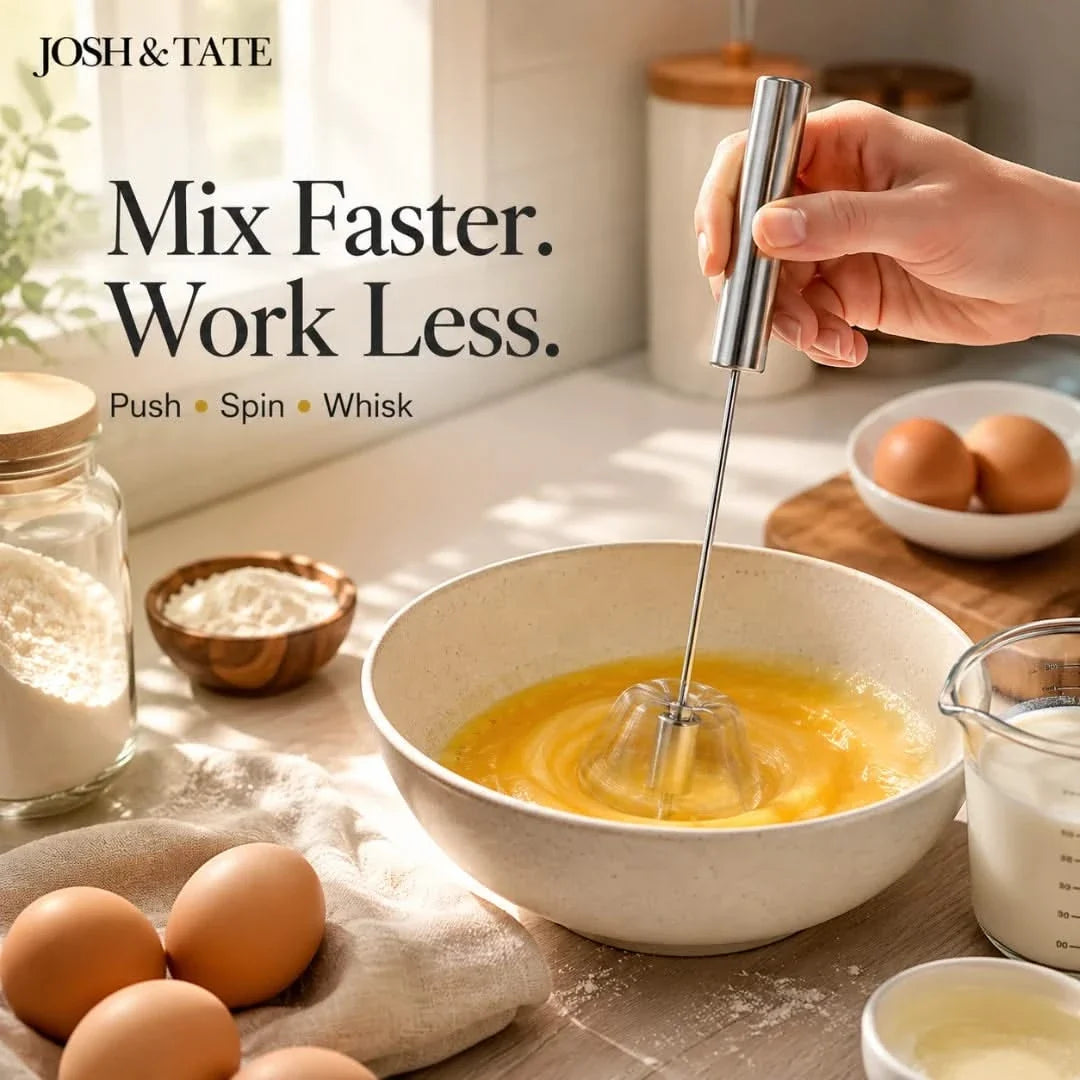 Manual Egg Beater with Push-Spin Action for Quick Mixing – Stainless Steel Kitchen Whisk for Eggs, Sauces, Smoothies & Cappuccino Foam | Thomler