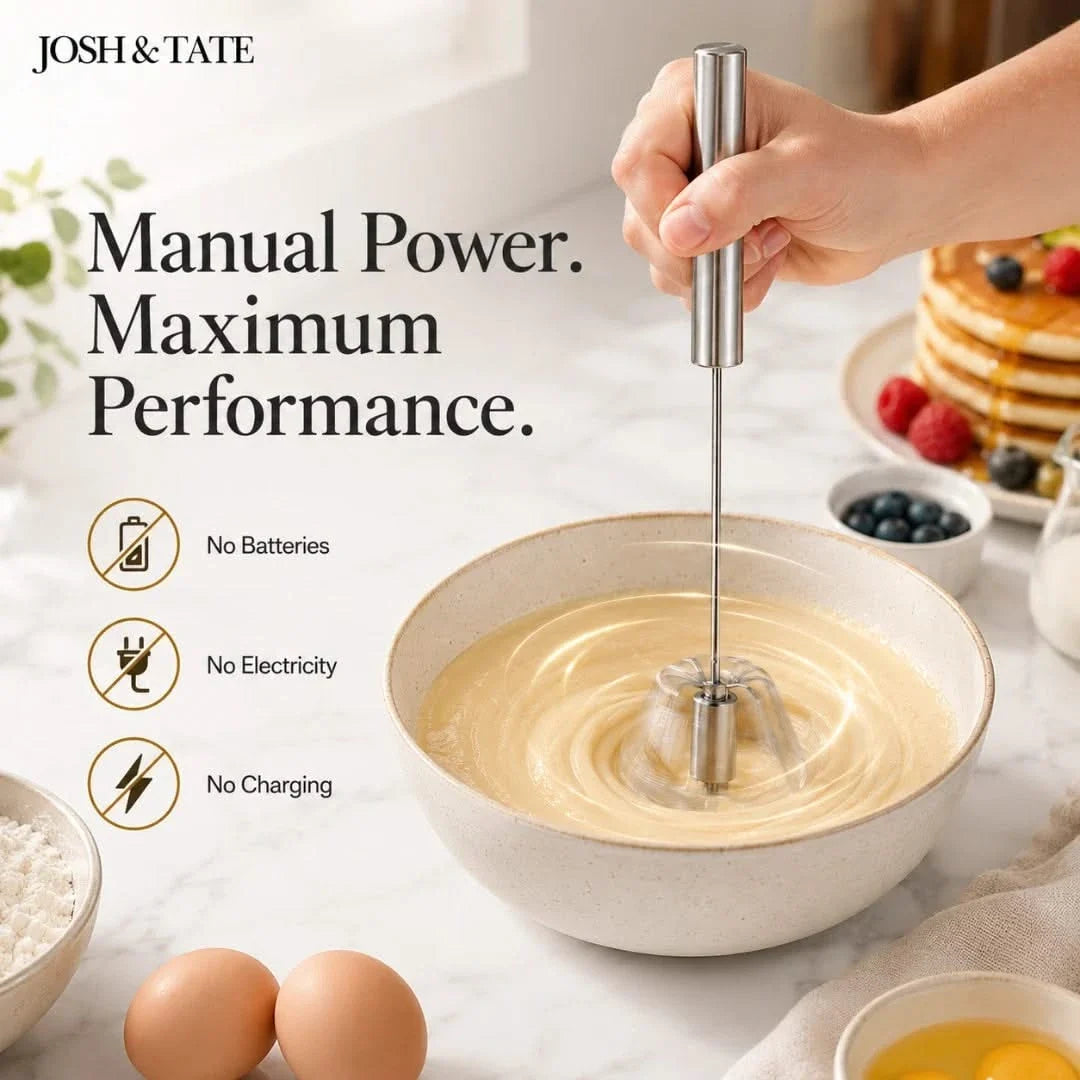 Manual Egg Beater with Push-Spin Action for Quick Mixing – Stainless Steel Kitchen Whisk for Eggs, Sauces, Smoothies & Cappuccino Foam | Thomler
