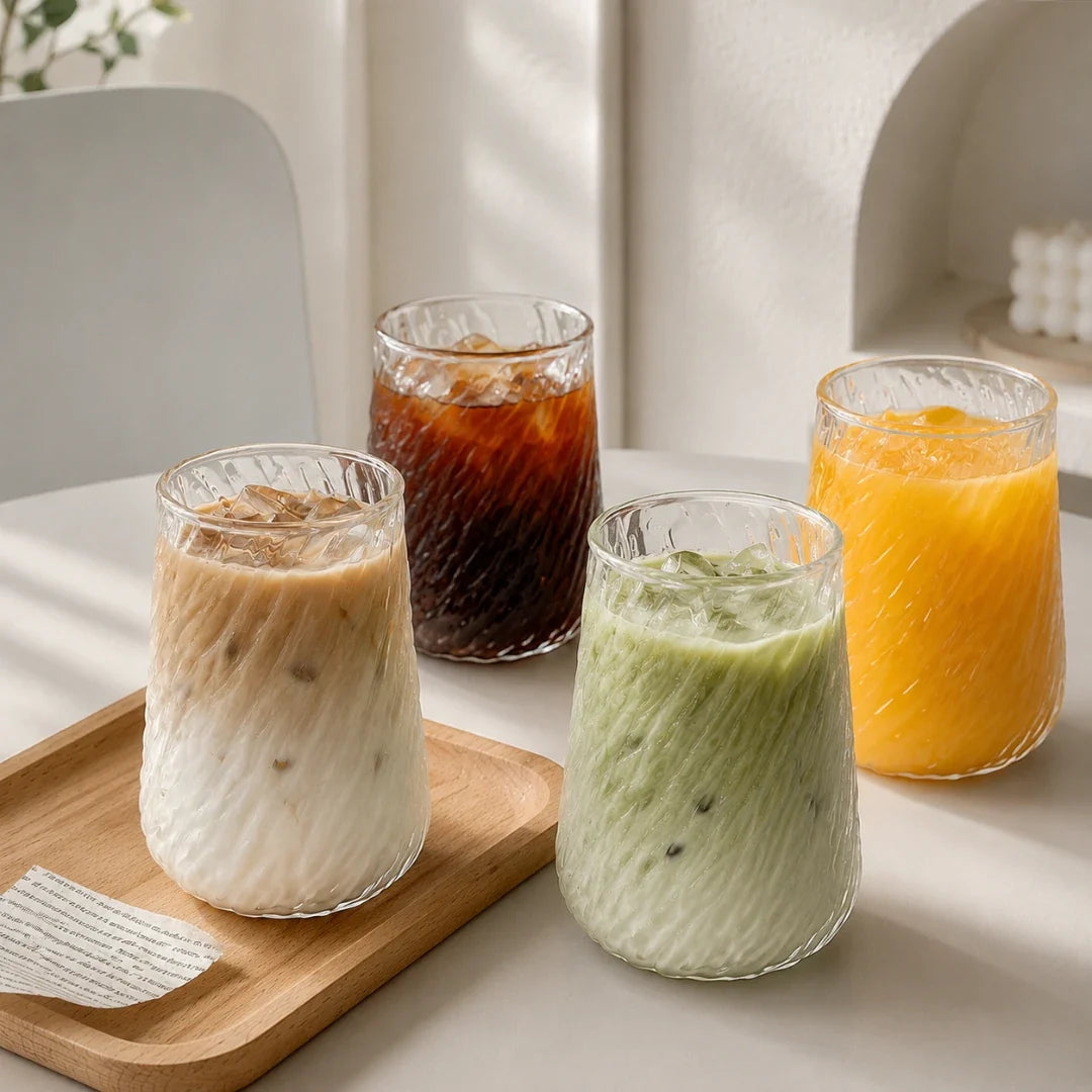 Spiral Ribbed Glass Tumbler with Reusable Straw – 13.5 oz Handcrafted Drinking Cup for Iced Coffee, Tea & Cocktails | Thomler