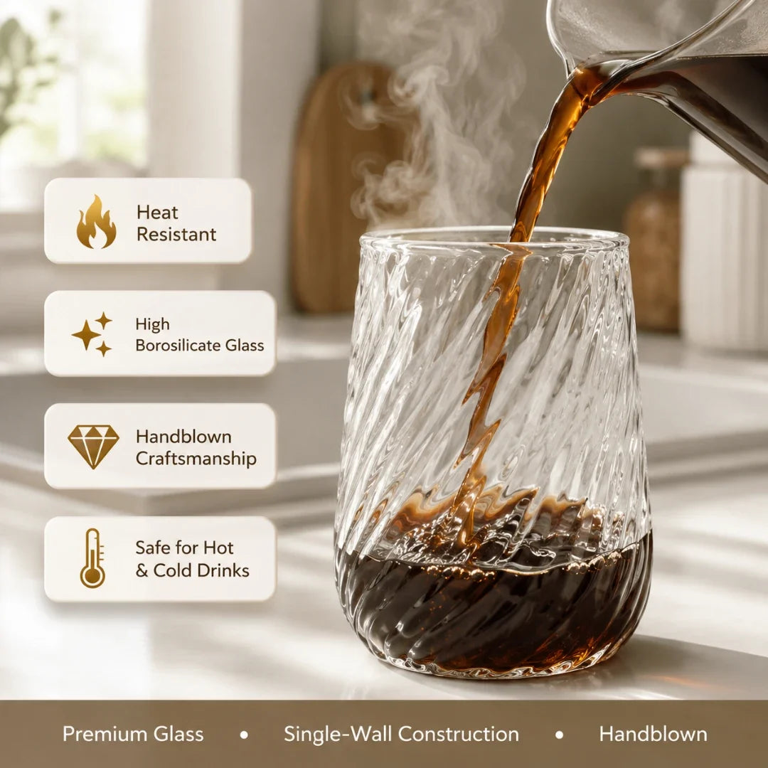 Spiral Ribbed Glass Tumbler with Reusable Straw – 13.5 oz Handcrafted Drinking Cup for Iced Coffee, Tea & Cocktails | Thomler