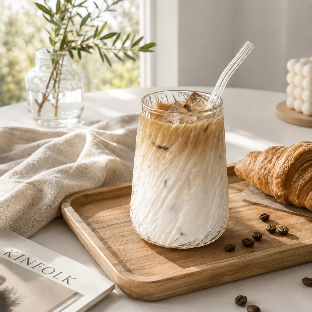 Spiral Ribbed Glass Tumbler with Reusable Straw – 13.5 oz Handcrafted Drinking Cup for Iced Coffee, Tea & Cocktails | Thomler