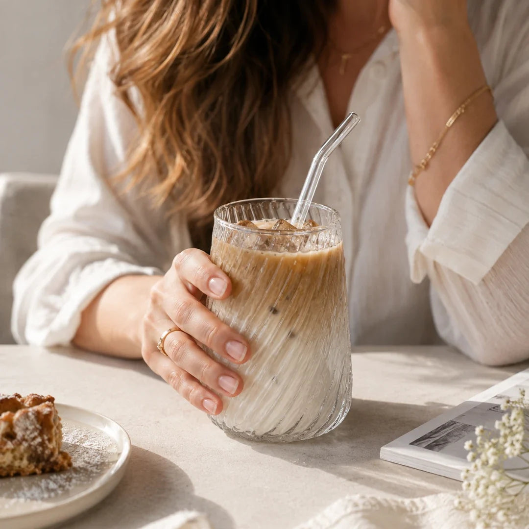 Spiral Ribbed Glass Tumbler with Reusable Straw – 13.5 oz Handcrafted Drinking Cup for Iced Coffee, Tea & Cocktails | Thomler