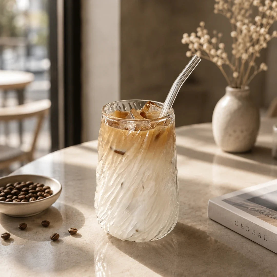Spiral Ribbed Glass Tumbler with Reusable Straw – 13.5 oz Handcrafted Drinking Cup for Iced Coffee, Tea & Cocktails | Thomler