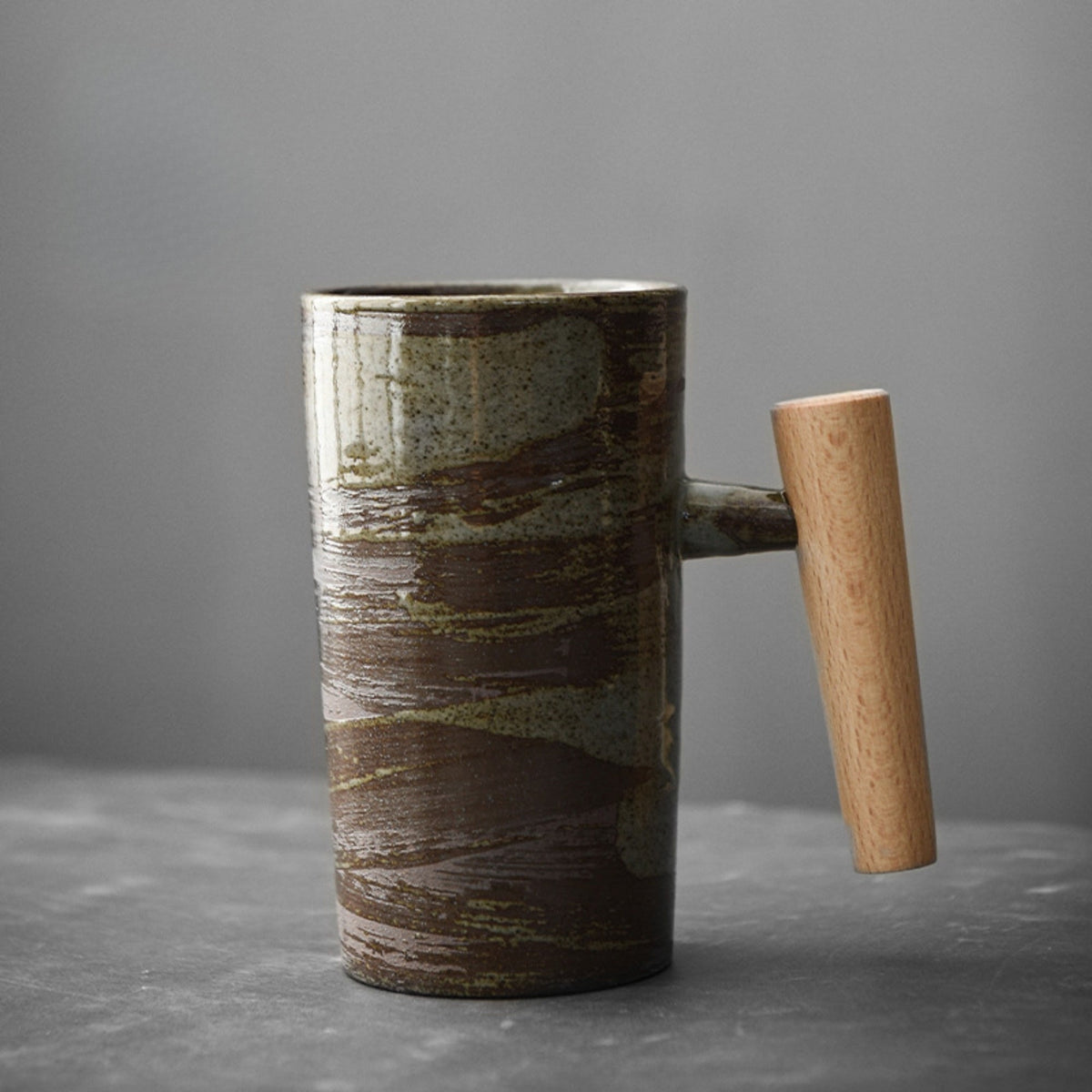 Stone-Texture Ceramic Coffee Mug with Wooden Handle for Hot Beverages | Kitchen Drinkware Cup for Tea Coffee Latte | Modern Rustic Nordic | Thomler