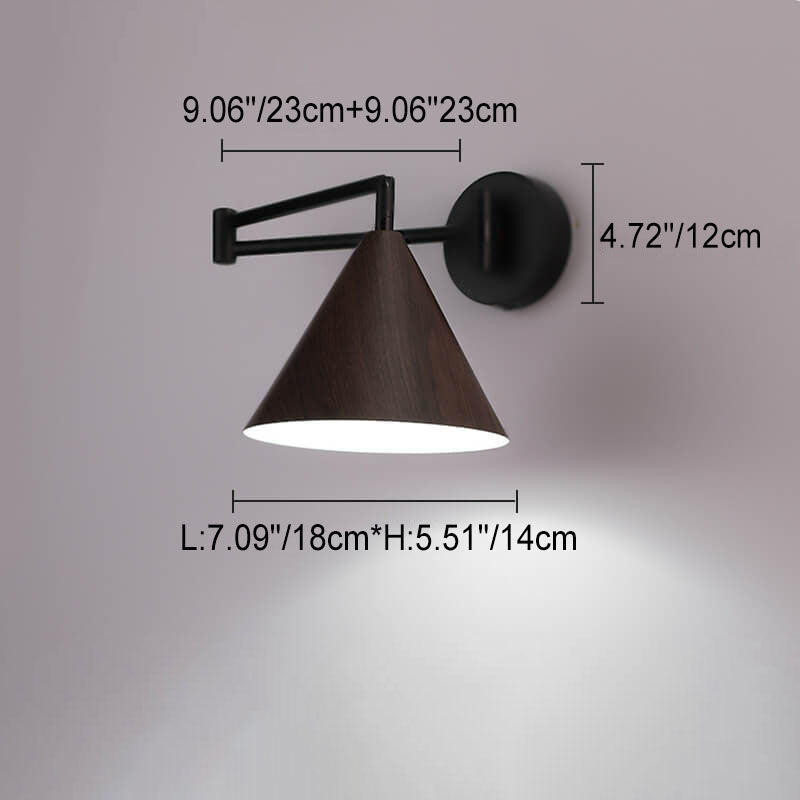 Wall Lamp Iron Conical Shade 18.0 cm Walnut Bedroom Reading Light Adjustable Swivel Arm Modern Indoor Sconce | Thomler