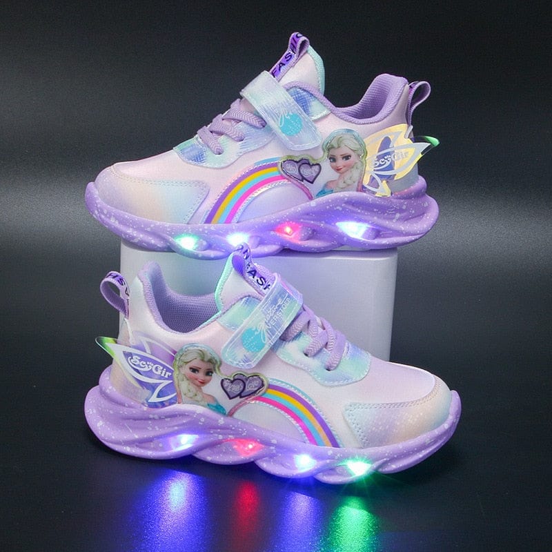 Kids Trainers Mesh LED Sole Pink Rainbow Velcro Everyday School Play Glitter Light Up Sneakers | Thomler