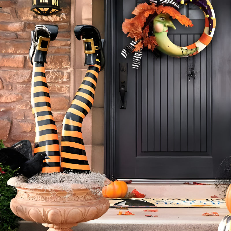 Striped Witch Leg Stakes with Curly-Toe Boots – 2-Piece Halloween Garden Decor Set | Thomler