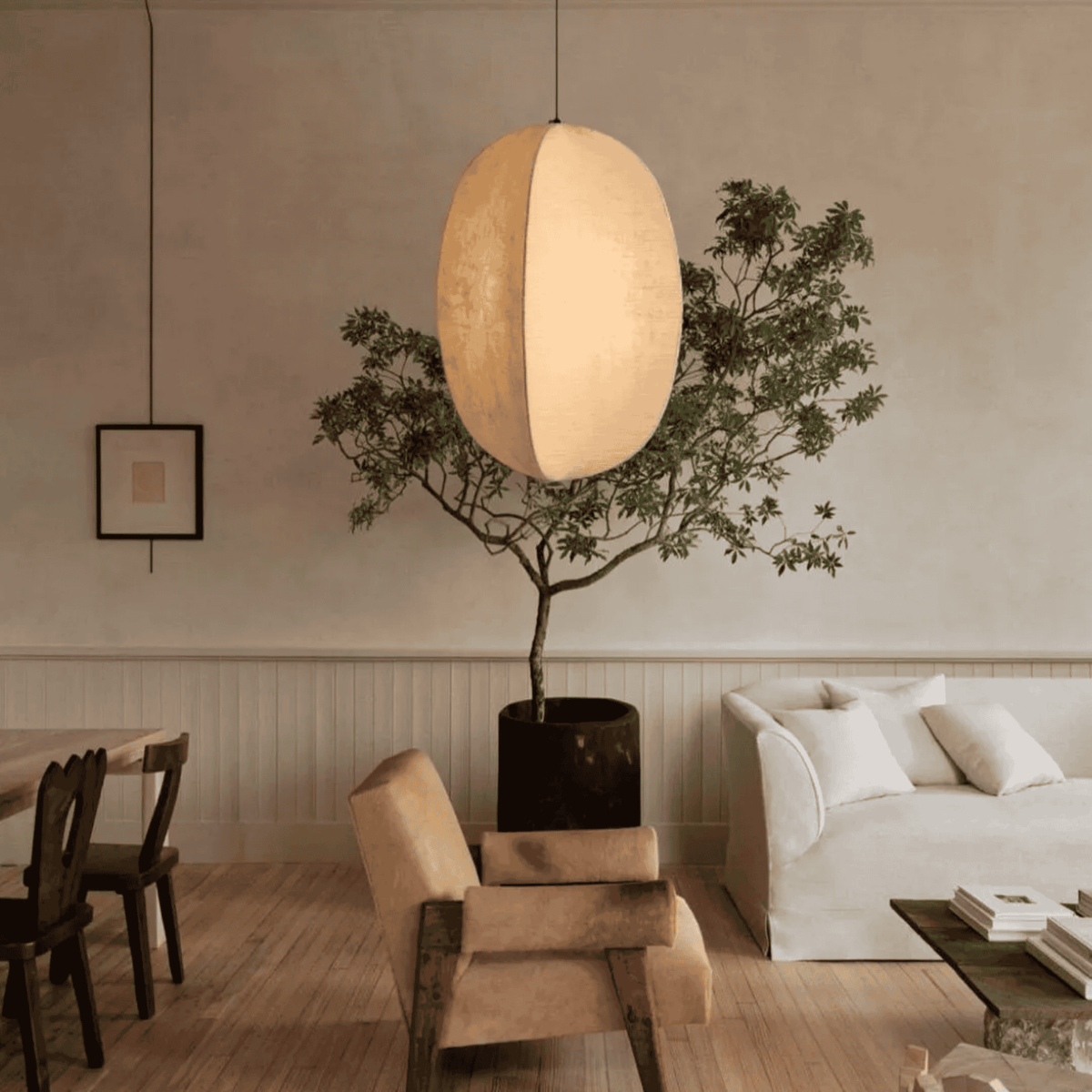 Fabric Shade Hanging Lamp with Warm Ambient Glow – Lantern Style Ceiling Light for Dining Room, Entryway & Living Room | Thomler