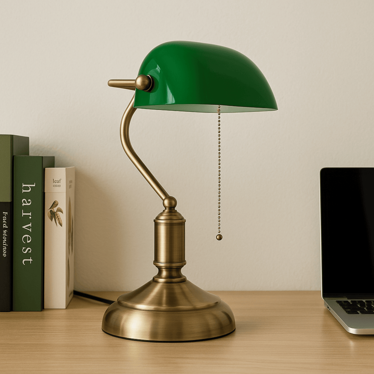 Traditional Brass & Green Glass Banker's Lamp with 3-Way LED Lighting for Office & Study | Thomler