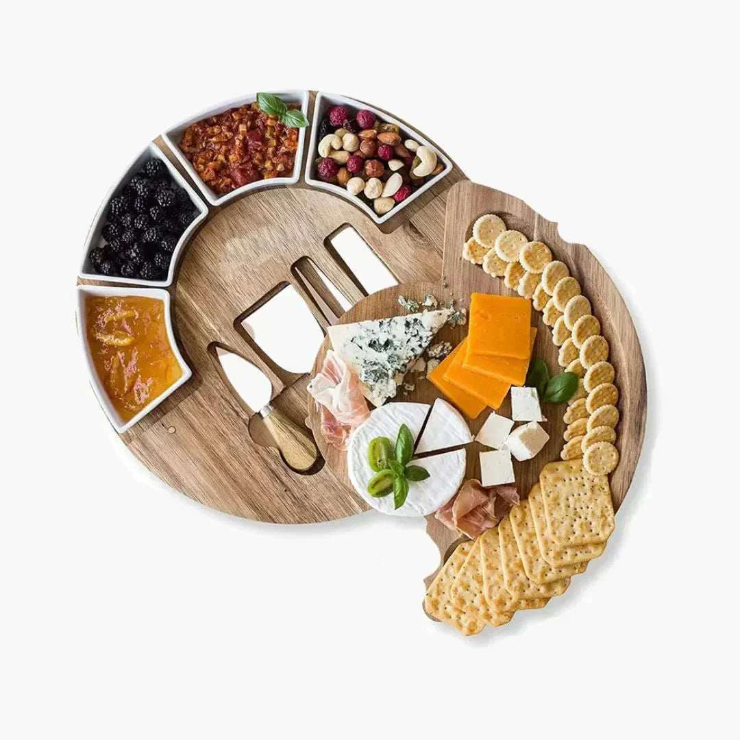 Round Wooden Serving Tray with Ceramic Dishes & Spreaders – 13-Inch Host Platter | Thomler