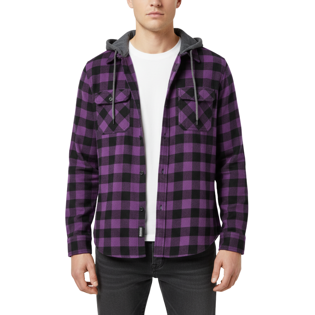 Hooded Plaid Flannel Button-Down Shirt for Men – Long Sleeve Cotton Blend with Double Pockets for Spring Fall Casual Wear | Thomler