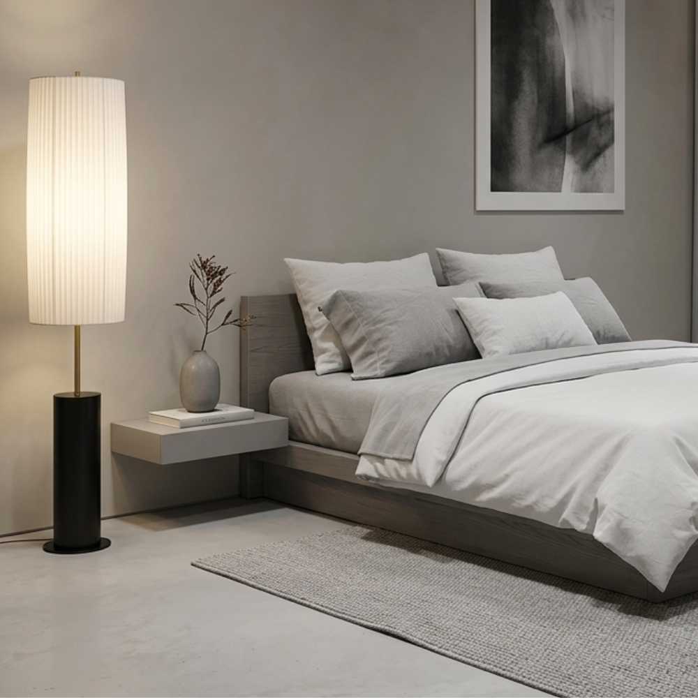 Upright Fabric Shade Reading Lamp with Wood & Metal Base for Living Rooms | Thomler