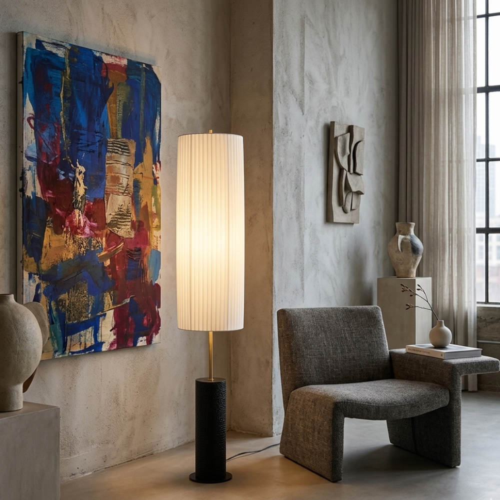 Upright Fabric Shade Reading Lamp with Wood & Metal Base for Living Rooms | Thomler