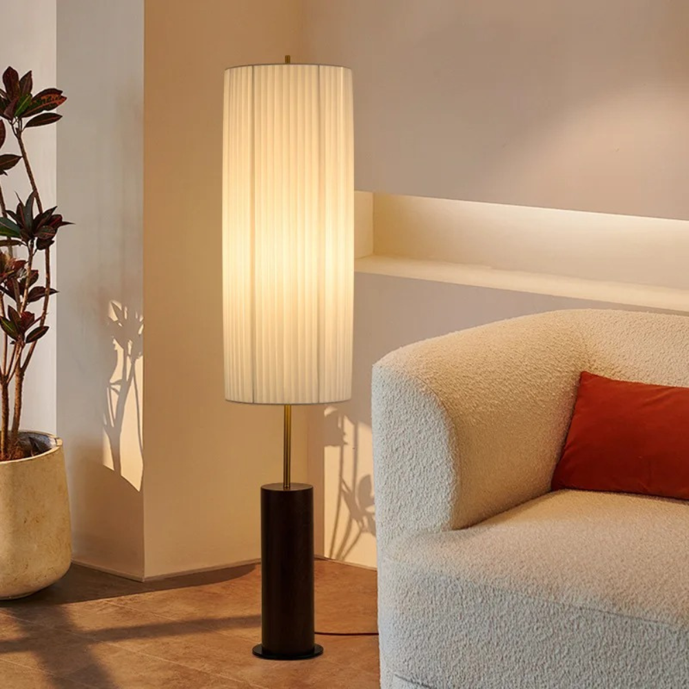 Upright Fabric Shade Reading Lamp with Wood & Metal Base for Living Rooms | Thomler