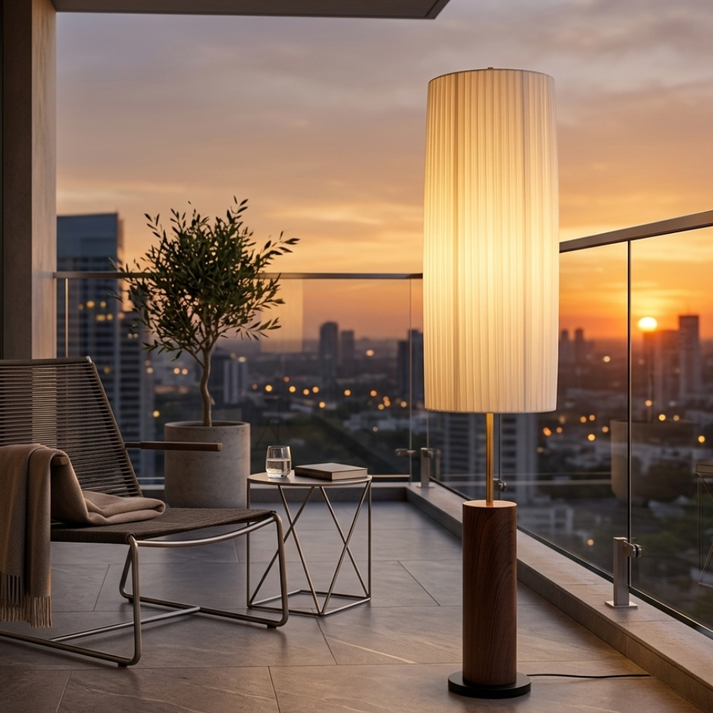 Upright Fabric Shade Reading Lamp with Wood & Metal Base for Living Rooms | Thomler