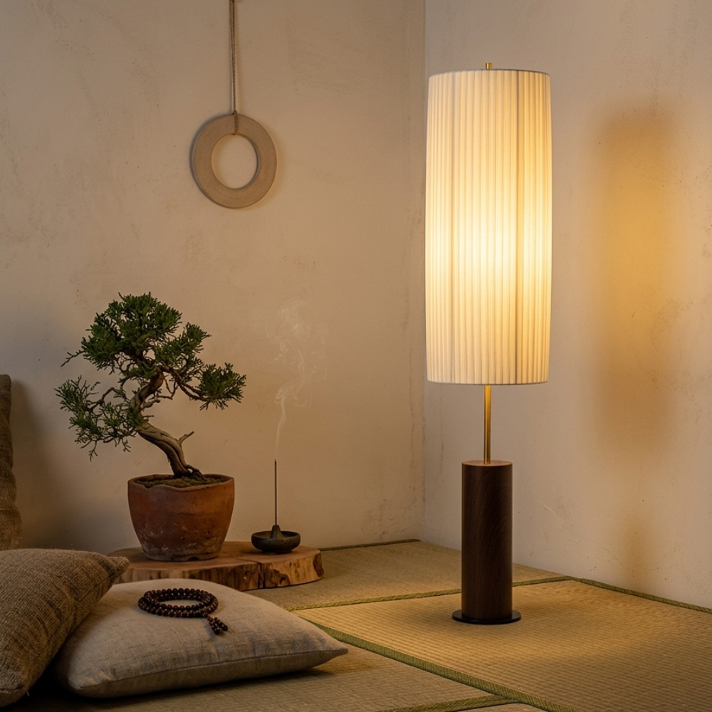Upright Fabric Shade Reading Lamp with Wood & Metal Base for Living Rooms | Thomler