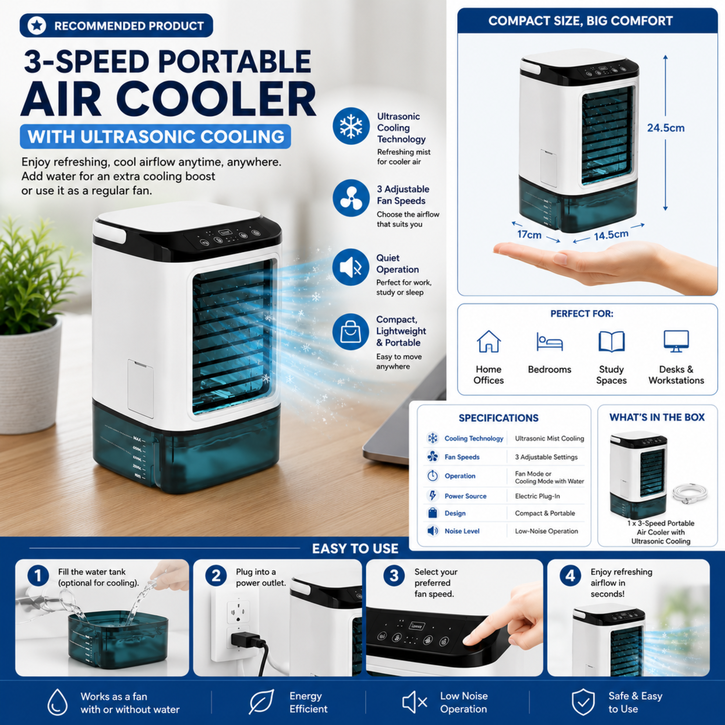 Personal Desktop Cooling Fan with Water Tank & 3 Speed Settings for Home Office, Bedroom & Small Spaces | Thomler