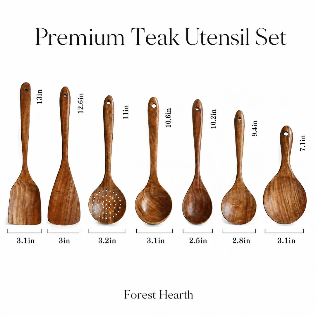 Teak Cooking Spoons & Spatulas – 7-Piece Natural Wood Kitchen Tool Set | Thomler