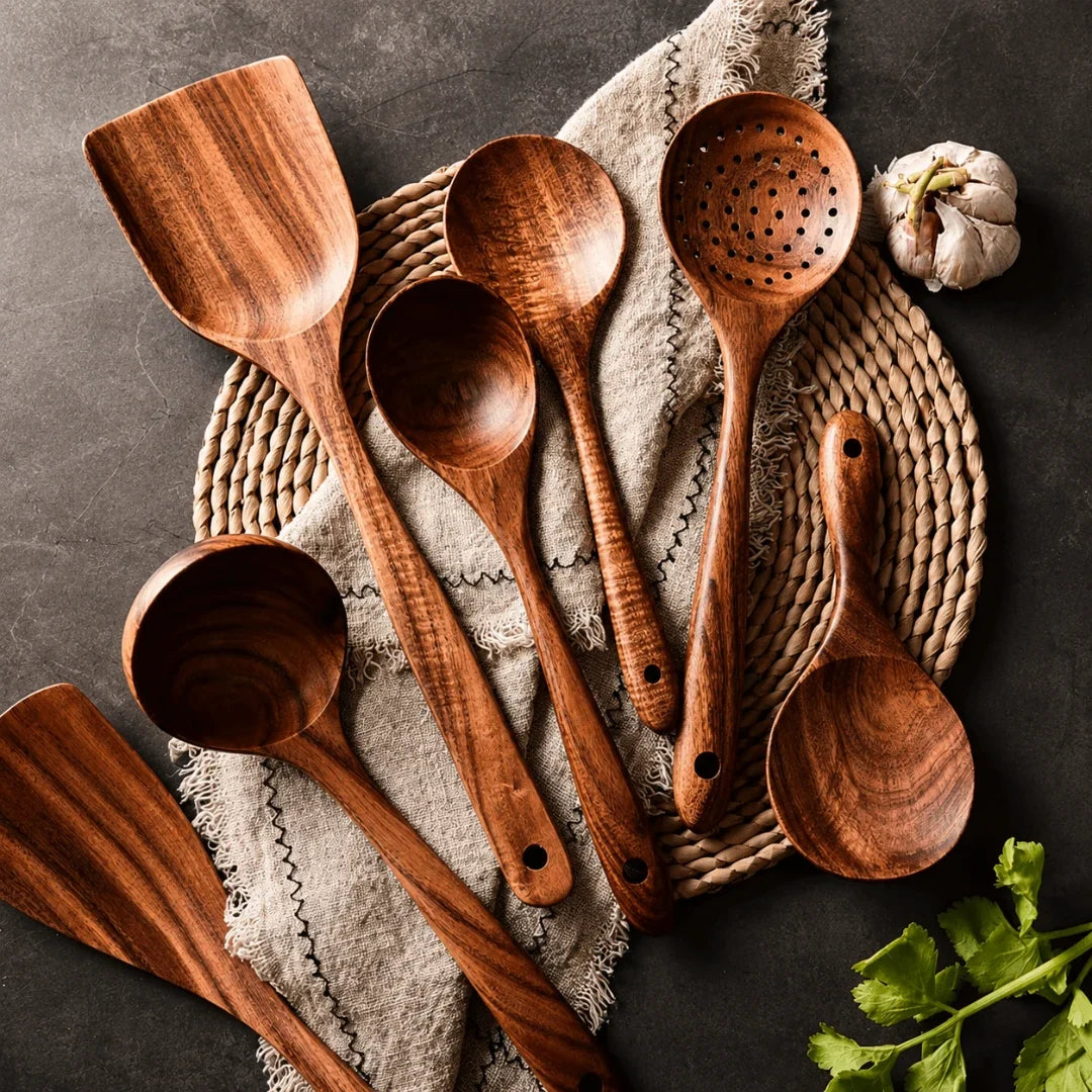 Handcrafted Teak Cooking Spoons & Spatulas – 7-Piece Nonstick-Safe Kitchen Tool Collection | Thomler