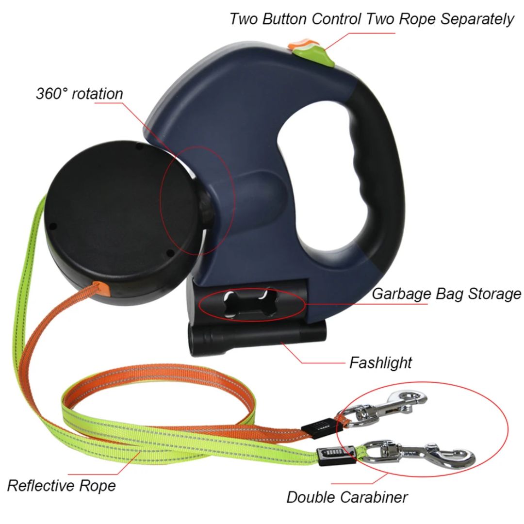 Dual Retractable Dog Leash with LED Flashlight & Waste Bag Holder for Two Dogs Up to 26 lb Each | Thomler