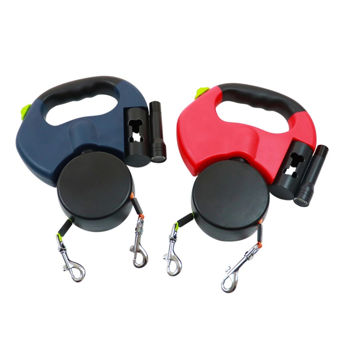 Dual Retractable Dog Leash with LED Flashlight & Waste Bag Holder for Two Dogs Up to 26 lb Each | Thomler
