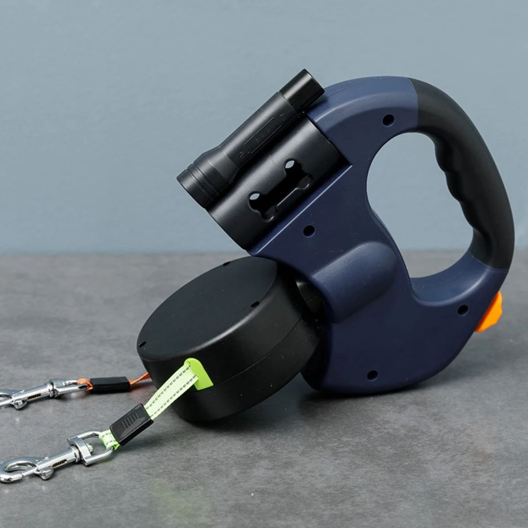 Dual Retractable Dog Leash with LED Flashlight & Waste Bag Holder for Two Dogs Up to 26 lb Each | Thomler
