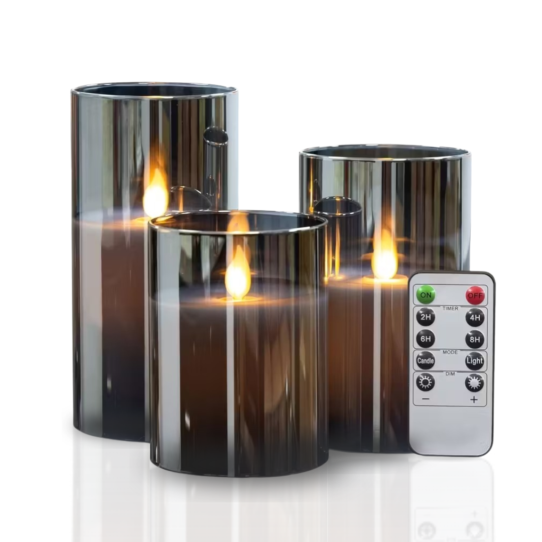 LED Candle Glass Smoke Finish Remote Control Indoor Mood Lighting Flameless Table Decoration Set | Thomler