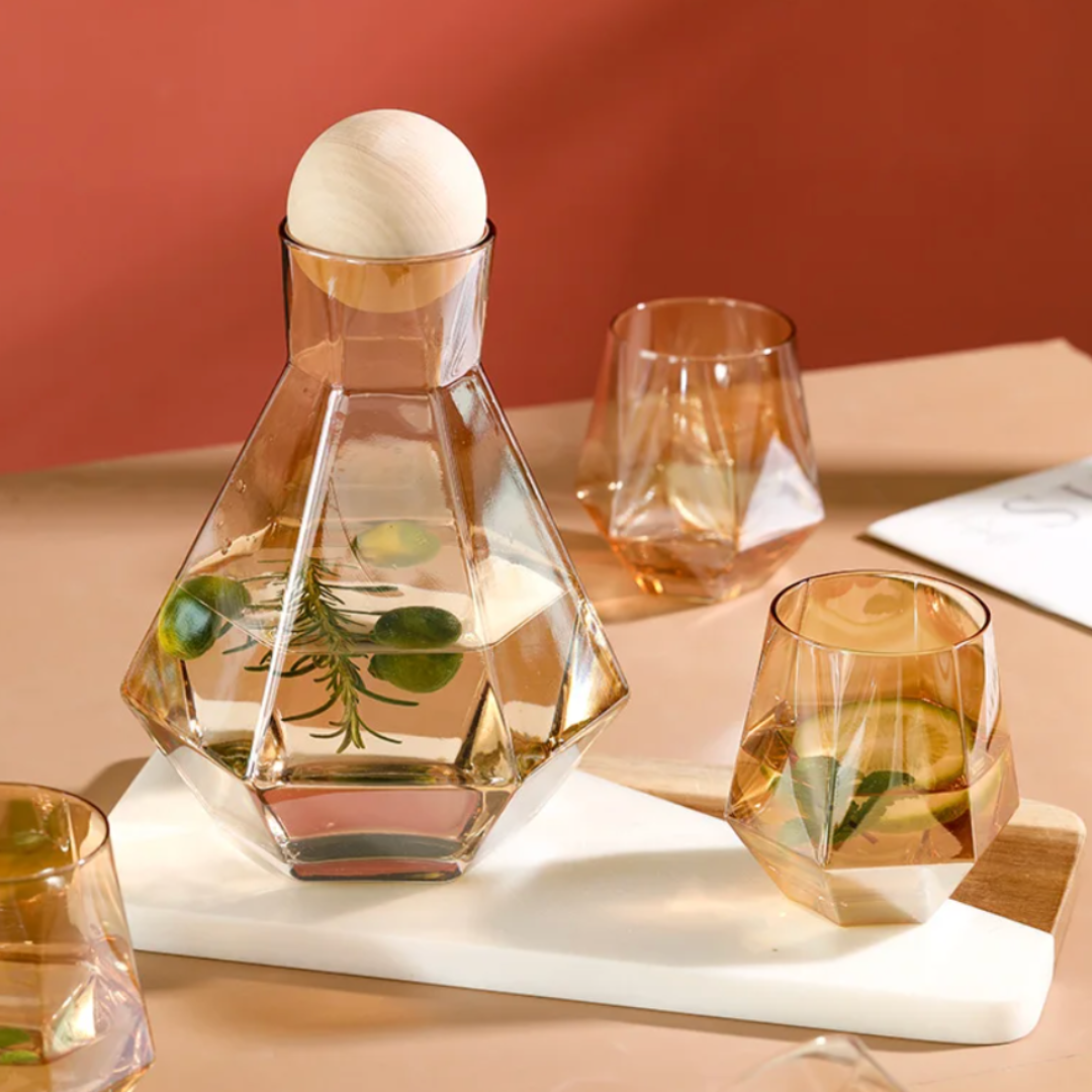 Glass Drinkware Set Eco-Friendly 9 in Jug 4 in Rocks Glasses Diamond Pattern Bar Kitchen Dining Accessories | Thomler