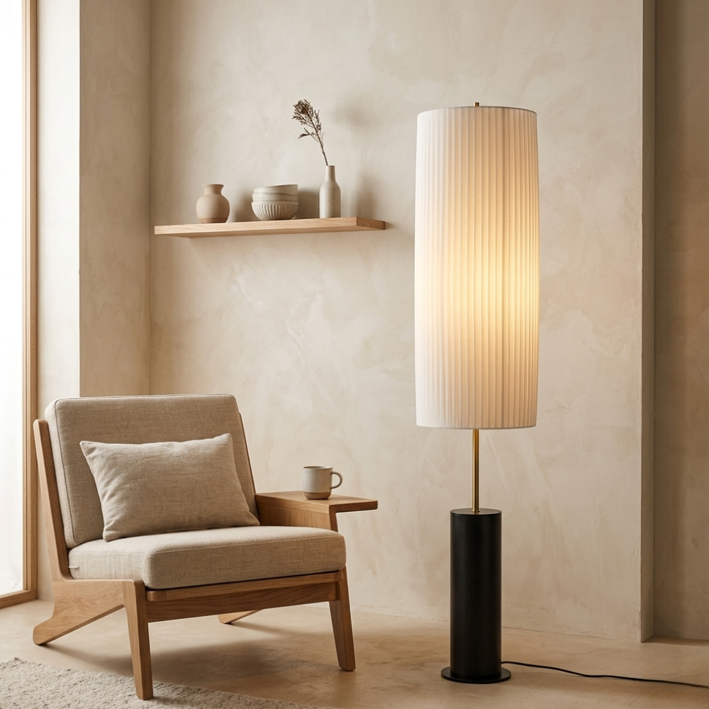 Upright Fabric Shade Reading Lamp with Wood & Metal Base for Living Rooms | Thomler
