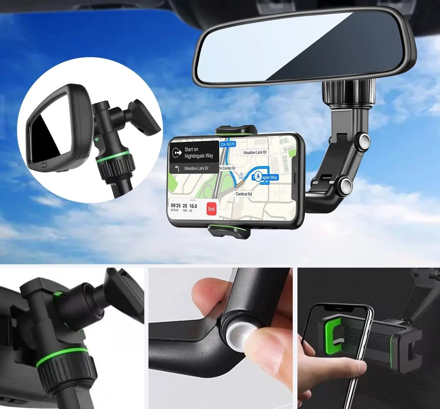 Clip-On Car Mirror Mount for Smartphone GPS Navigation Universal Adjustable Cell Phone Cradle 360° Swivel Dashboard Accessory | Thomler