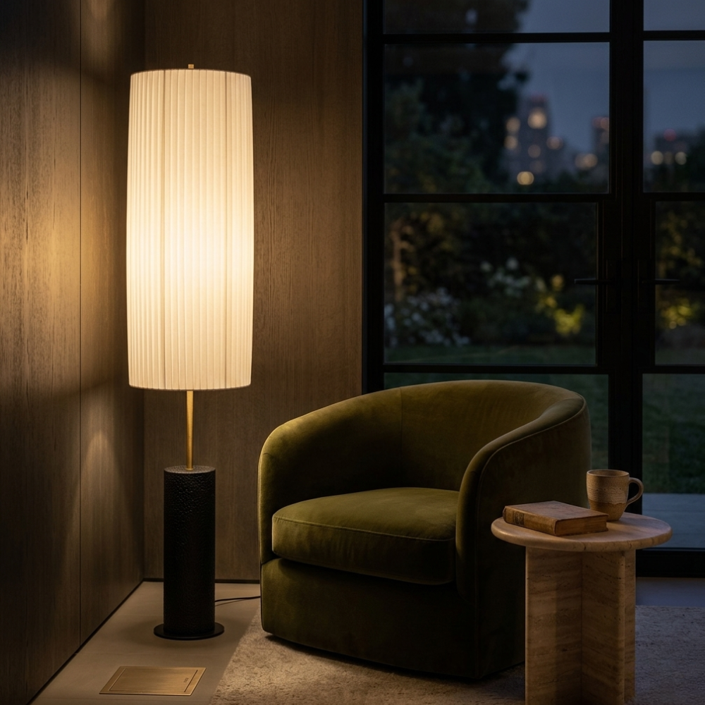 Upright Fabric Shade Reading Lamp with Wood & Metal Base for Living Rooms | Thomler