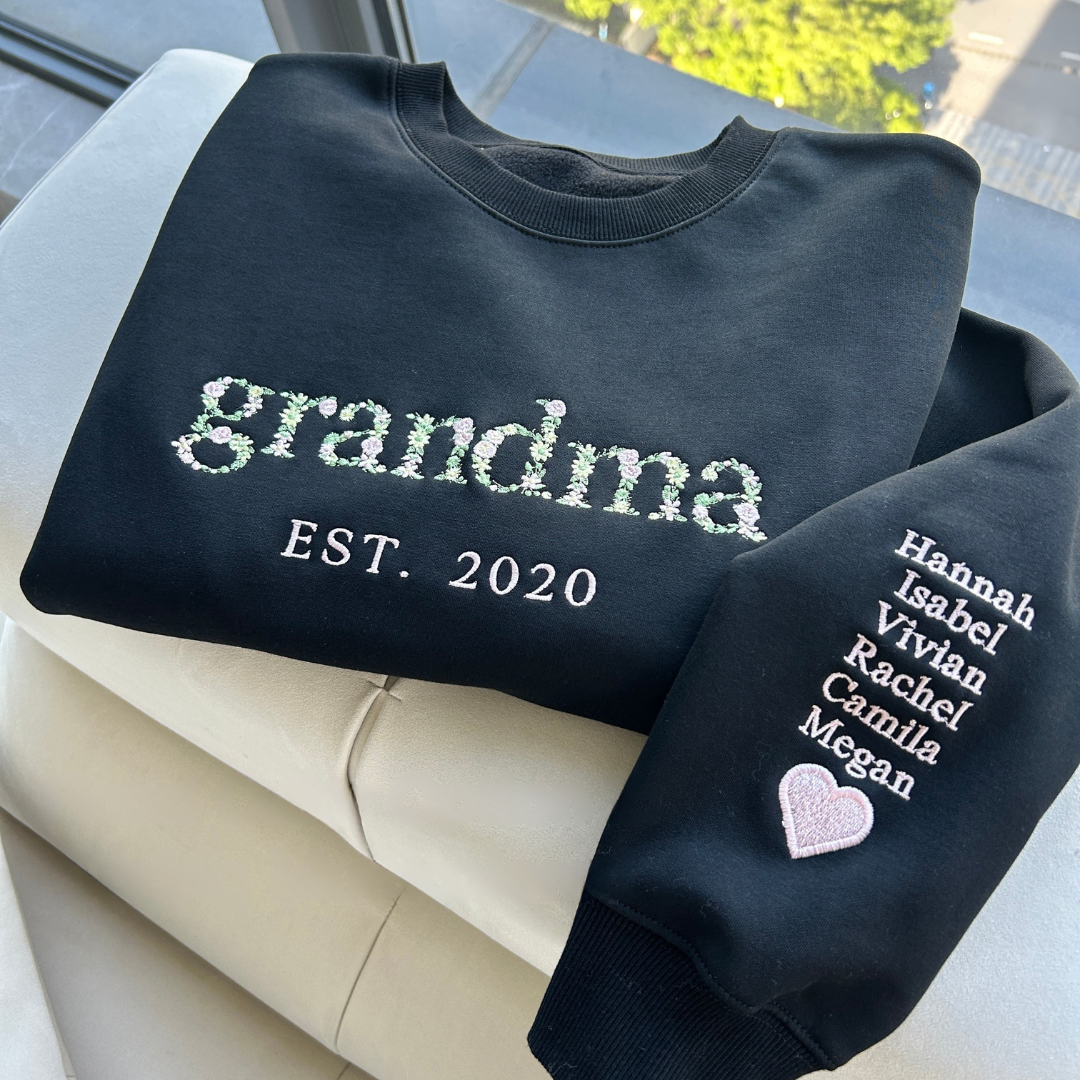 Personalized Embroidered Floral Mom Sweatshirt with Custom Name & Year - Unique Gift for Mother's Day, Birthday, Grandma, Nana - Unisex | Thomler