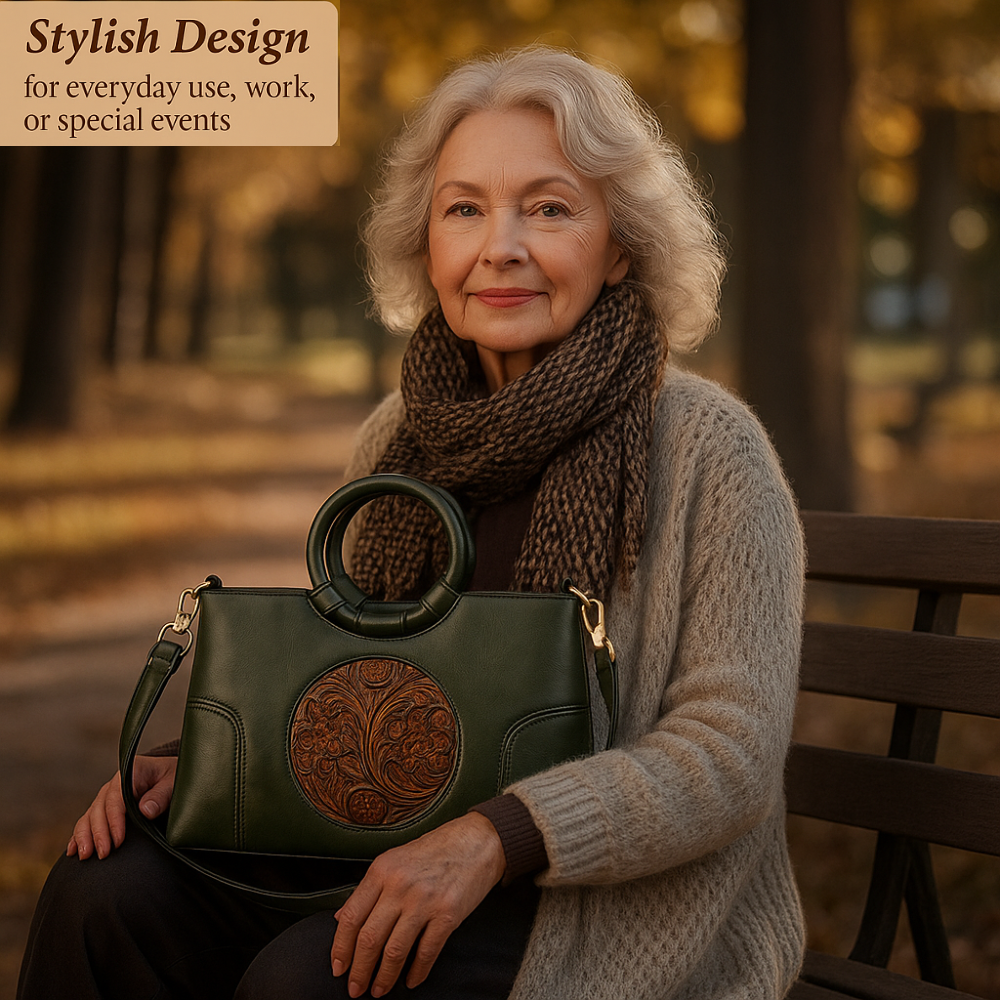 Embossed Leather Handbag for Women with Adjustable Strap and Multiple Compartments – Vintage-Inspired Shoulder Bag Purse | Thomler