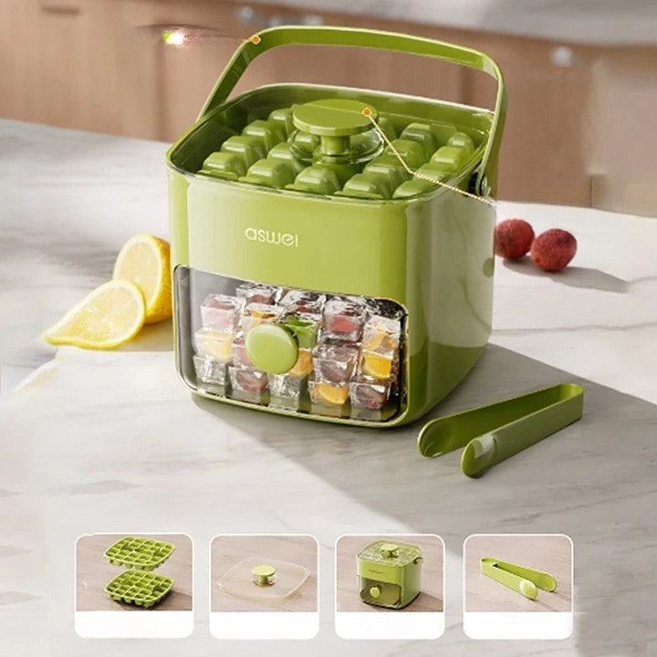 Dual-Layer Press-Button Ice Maker Tray with Storage Container – Makes 48 Cubes – Food-Safe Freezer Bin | Thomler