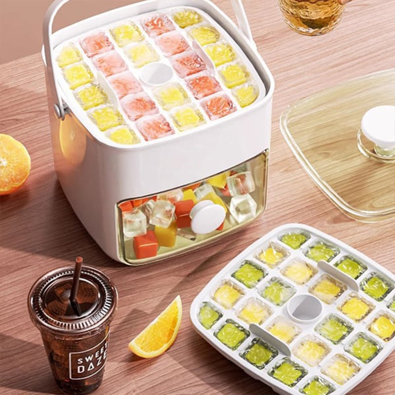 Dual-Layer Press-Button Ice Maker Tray with Storage Container – Makes 48 Cubes – Food-Safe Freezer Bin | Thomler